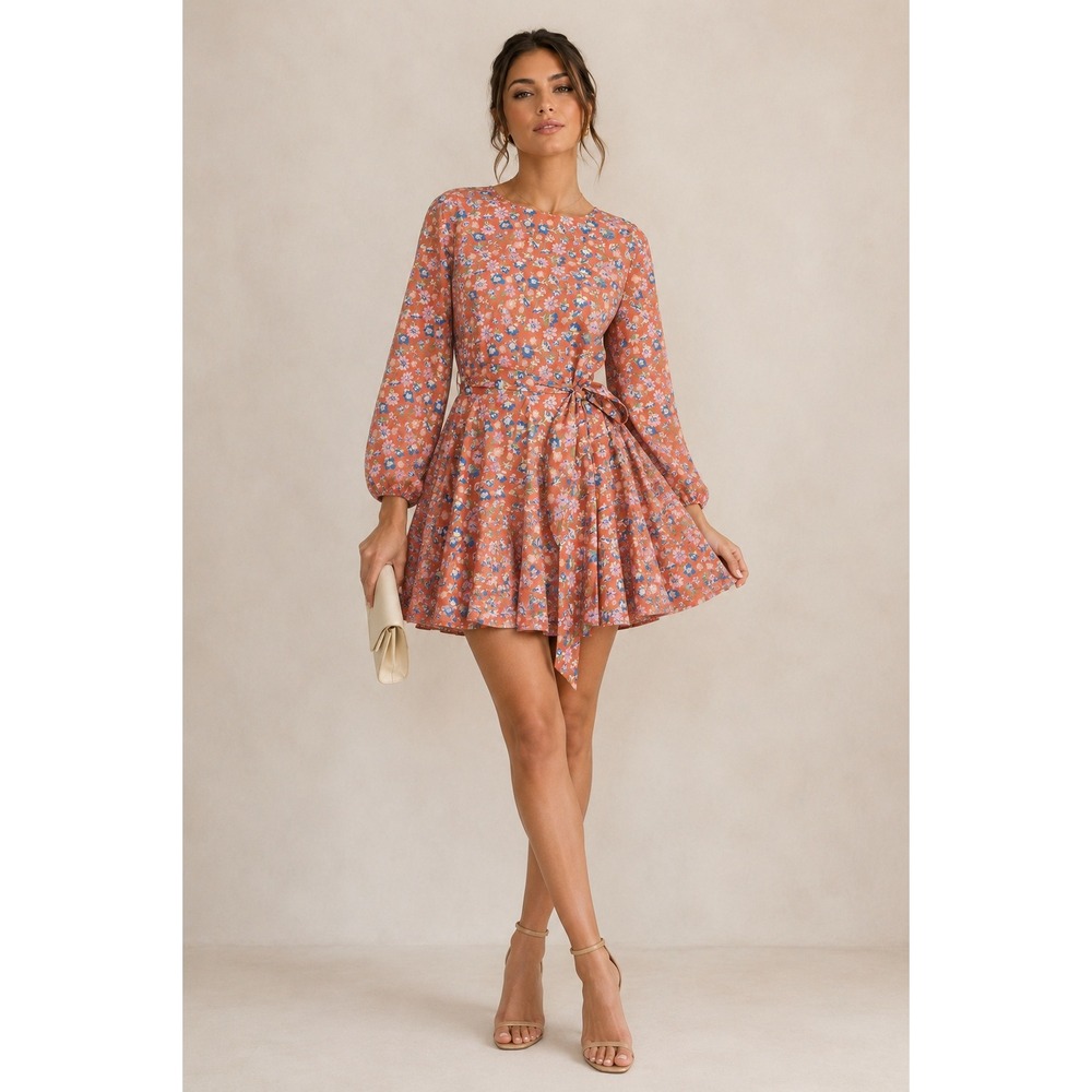 WAYF Altonia‎ Swing Mini Dress S Coral Floral Balloon Sleeve Garden Cottage Boho